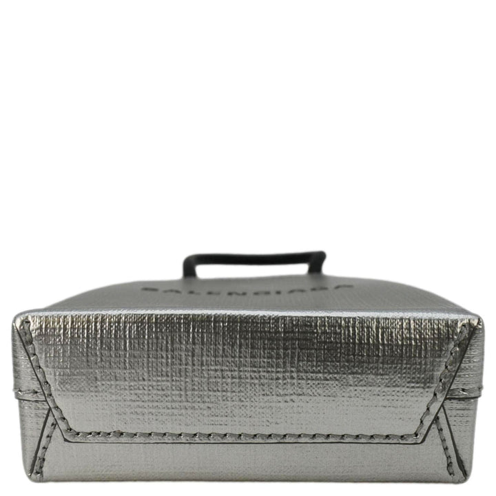 Top Quality Balenciaga Metallic Logo Leather Shopping Phone Holder Silver