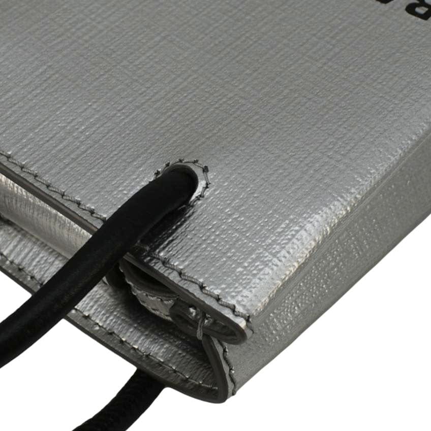 Top Quality Balenciaga Metallic Logo Leather Shopping Phone Holder Silver