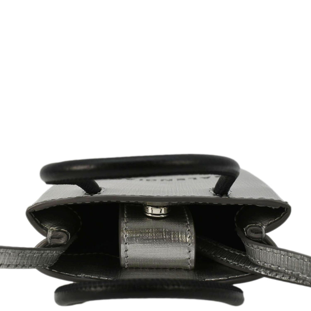Top Quality Balenciaga Metallic Logo Leather Shopping Phone Holder Silver