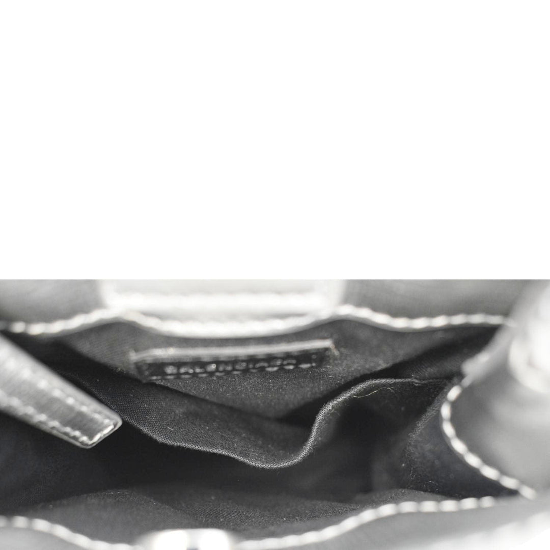 Top Quality Balenciaga Metallic Logo Leather Shopping Phone Holder Silver