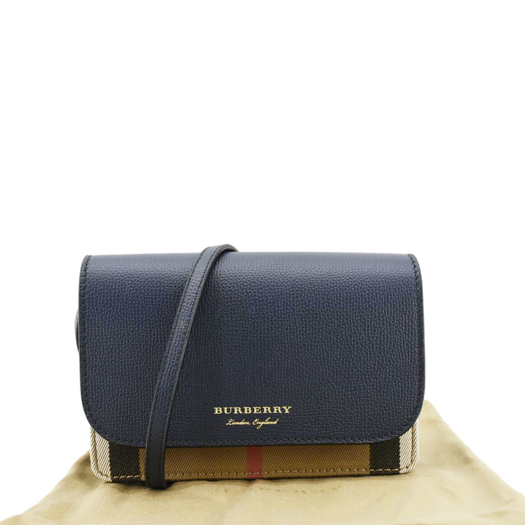 Burberry Hampshire Small House Check Wallet On Chain Crossbody Bag Navy Blue