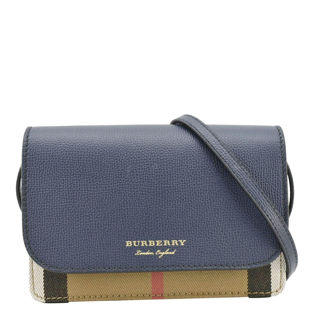 Burberry Hampshire Small House Check Wallet On Chain Crossbody Bag Navy Blue
