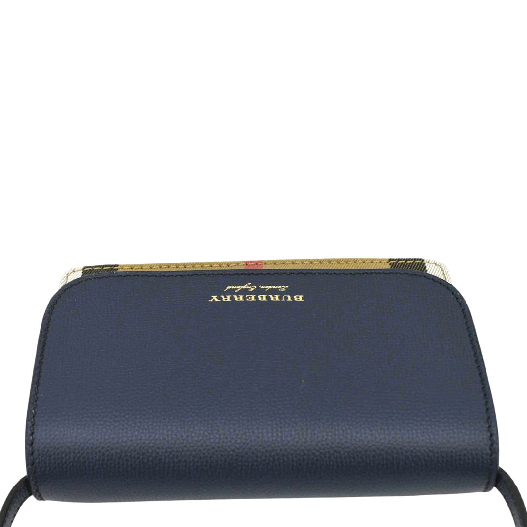 Burberry Hampshire Small House Check Wallet On Chain Crossbody Bag Navy Blue