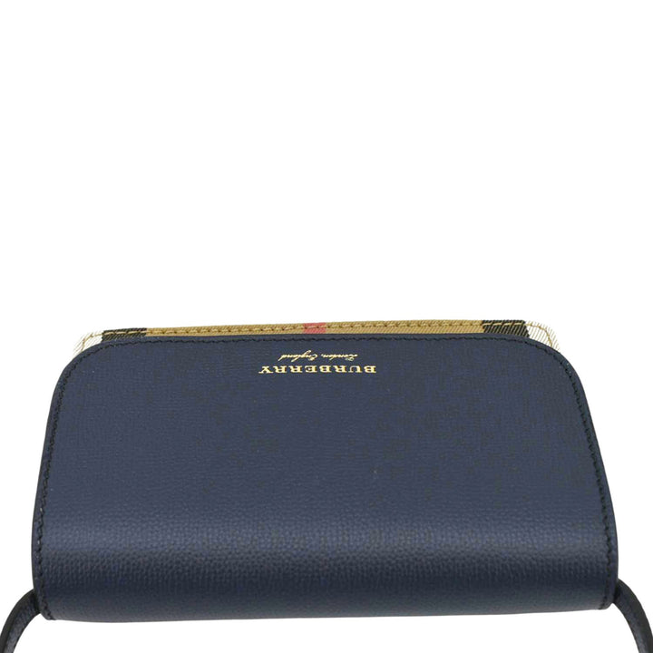 Burberry Hampshire Small House Check Wallet On Chain Crossbody Bag Navy Blue