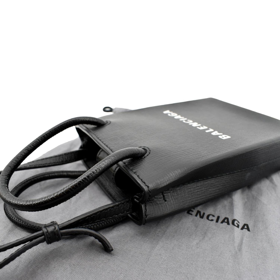 balenciaga Leather Phone Holder Shopping Crossbody Bag Black
