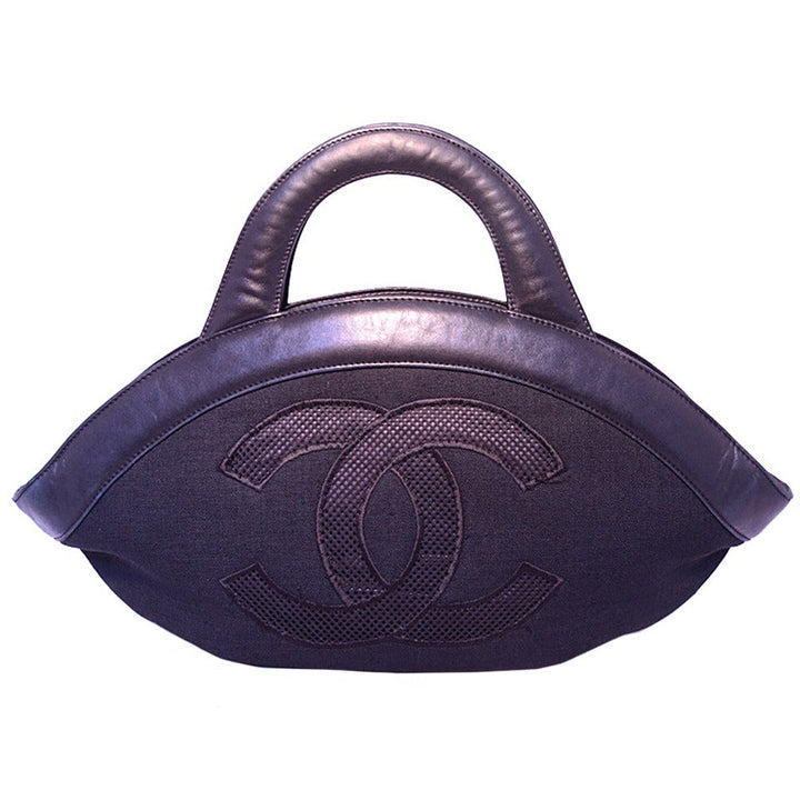 Top Quality Chanel Black Woven Linen and Leather CC Logo Cut Out Tote Bag