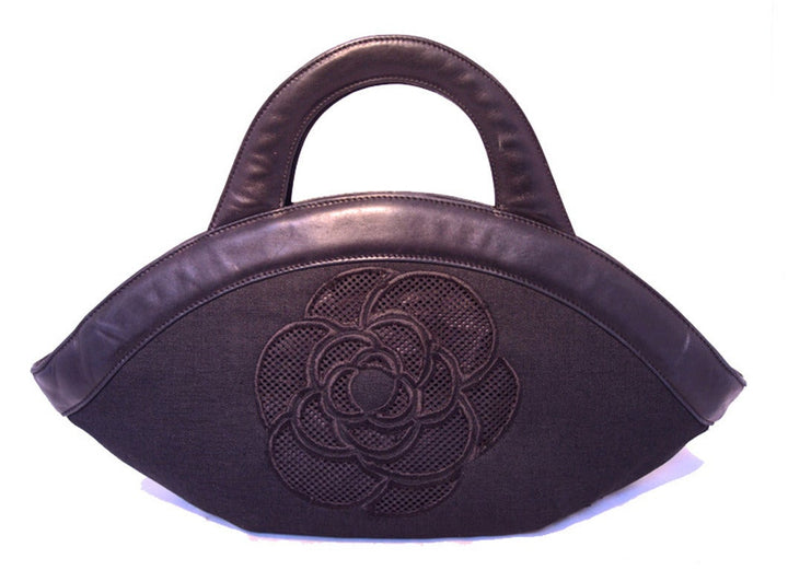 Top Quality Chanel Black Woven Linen and Leather CC Logo Cut Out Tote Bag