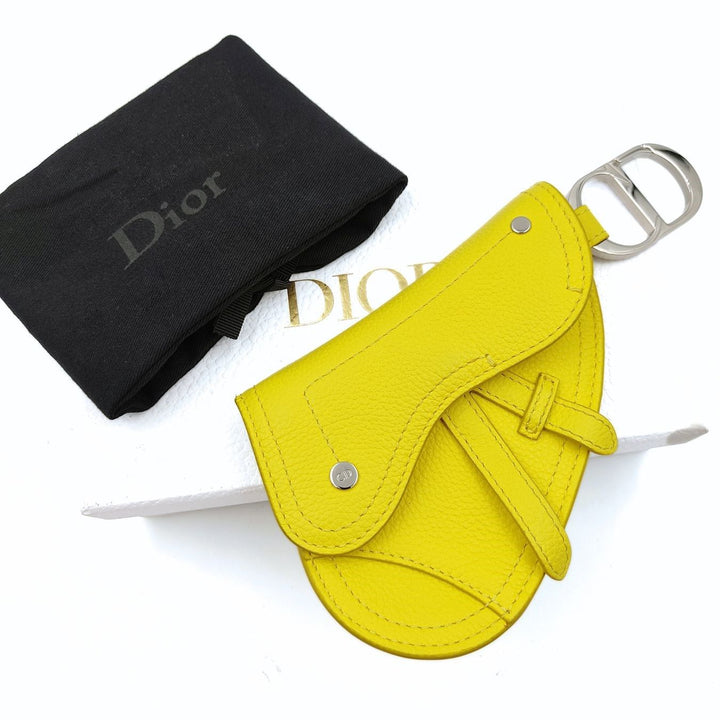 Top quality Dior Saddle pouch key ring in fluorescent yellow leather