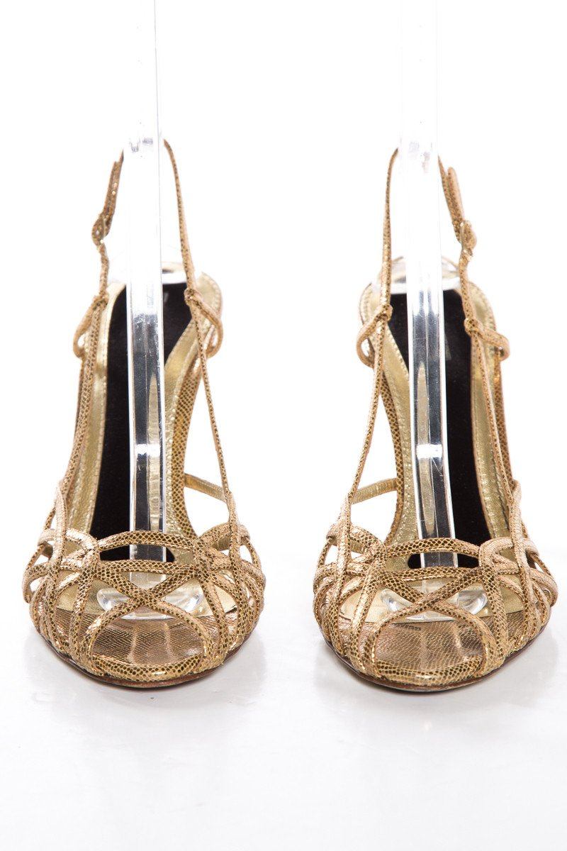 Dolce & Gabbana Gold Peep-Toe Leather Sandals SZ 40.5