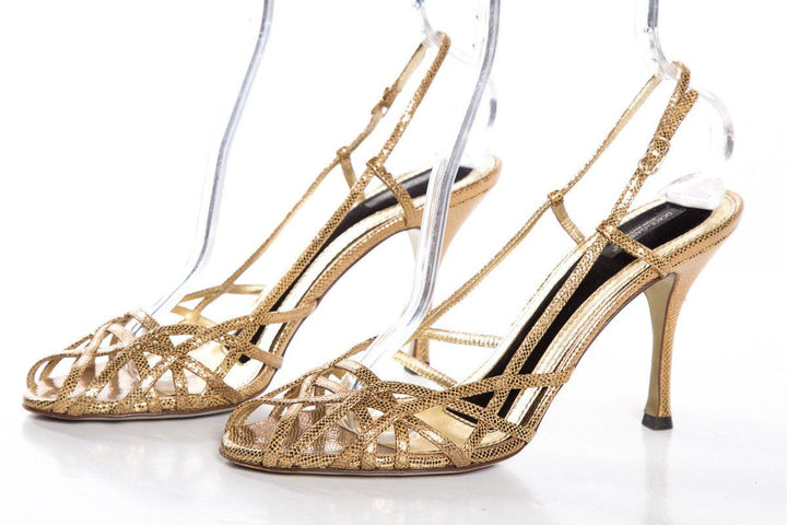 Dolce & Gabbana Gold Peep-Toe Leather Sandals SZ 40.5
