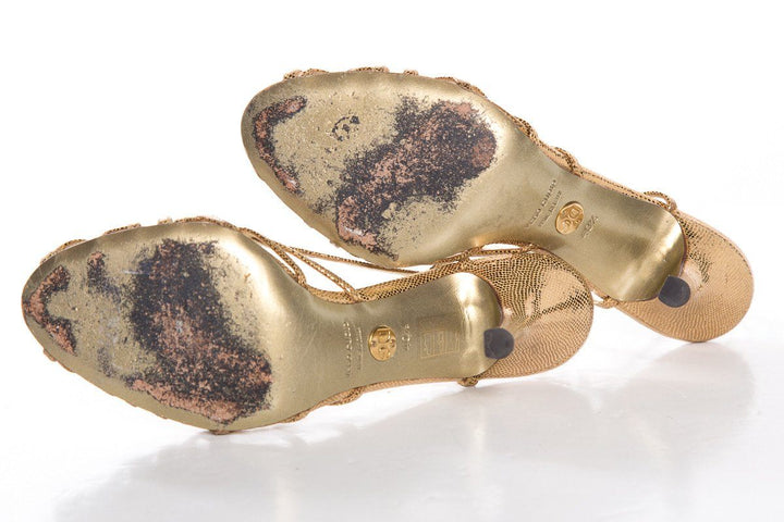Dolce & Gabbana Gold Peep-Toe Leather Sandals SZ 40.5