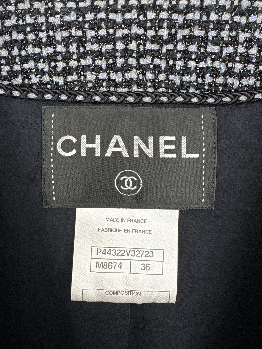 Top Quality Chanel Black & Grey Metallic Tweed Curved Hem Jacket with Ruthenium CC Button Detail FR 36 (UK 8)