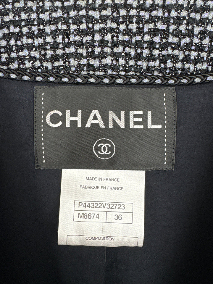 Top Quality Chanel Black & Grey Metallic Tweed Curved Hem Jacket with Ruthenium CC Button Detail FR 36 (UK 8)