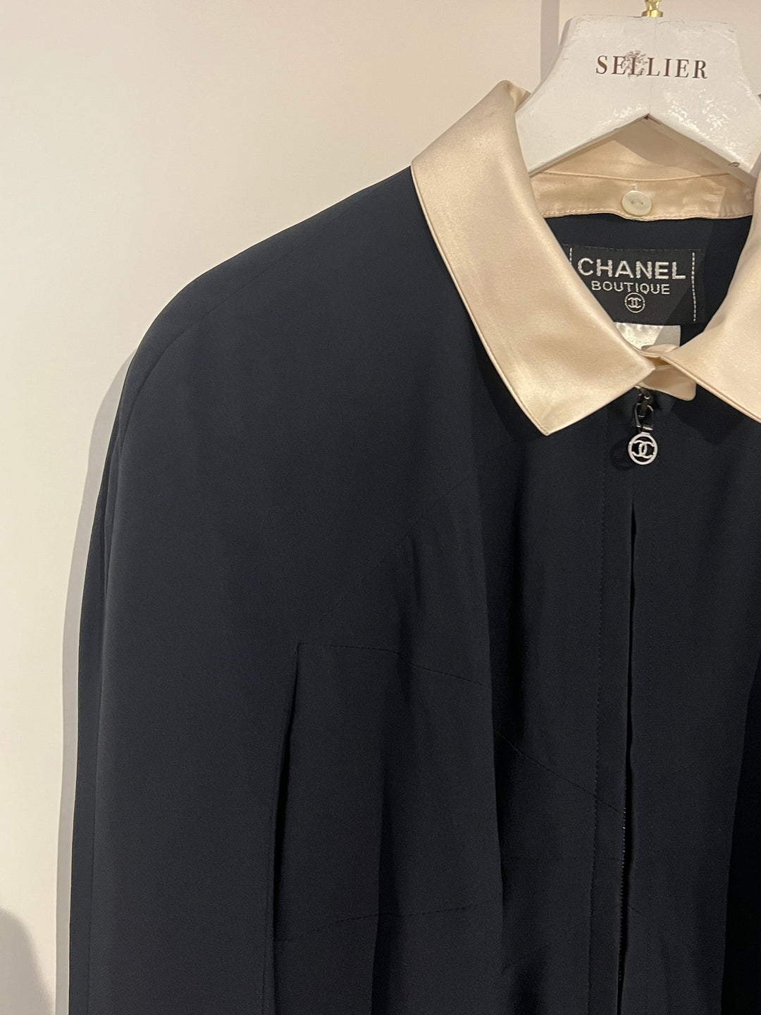 *VINTAGE* Top Quality Chanel 97/A Navy Long Sleeve Midi Dress with Detachable Collar Detail FR "Petit" (UK 12)
