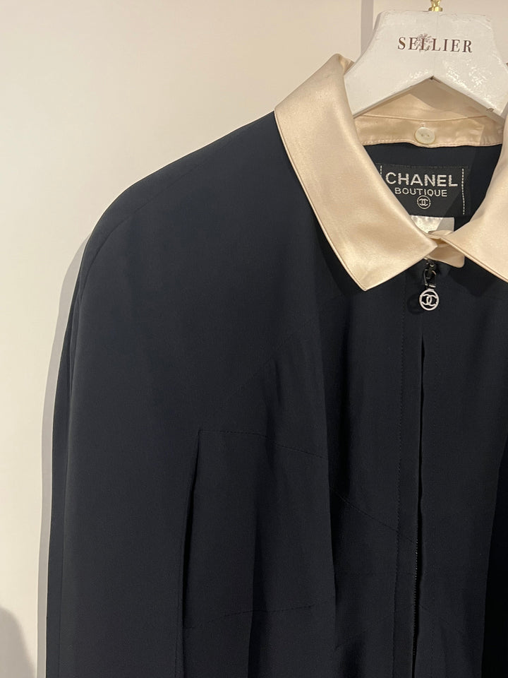 *VINTAGE* Top Quality Chanel 97/A Navy Long Sleeve Midi Dress with Detachable Collar Detail FR "Petit" (UK 12)