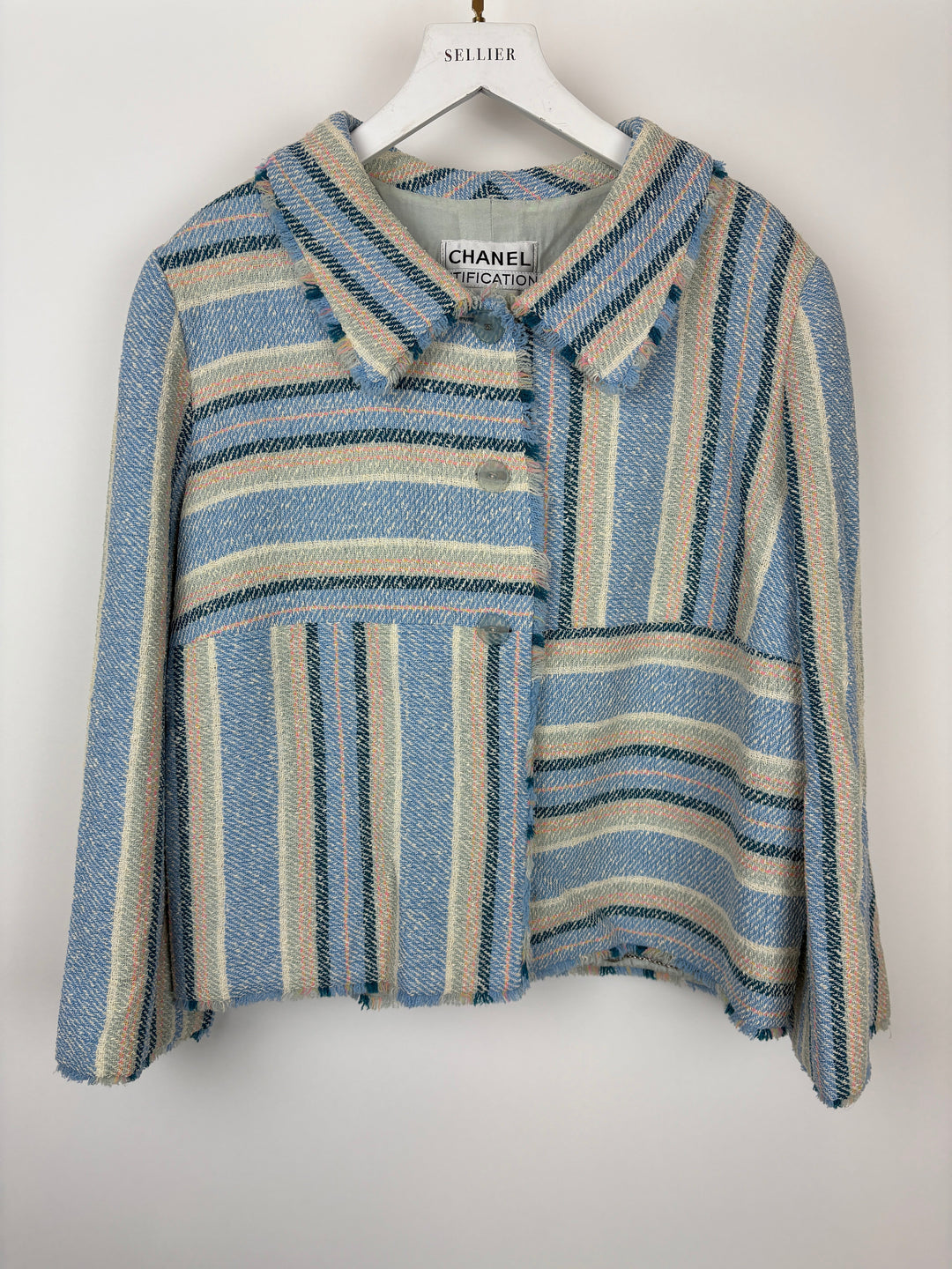 Top Quality Chanel 00/C Blue and Green Striped Tweed Jacket with Transparent Blue CC Logo Button Details Size FR 46 (UK 18)