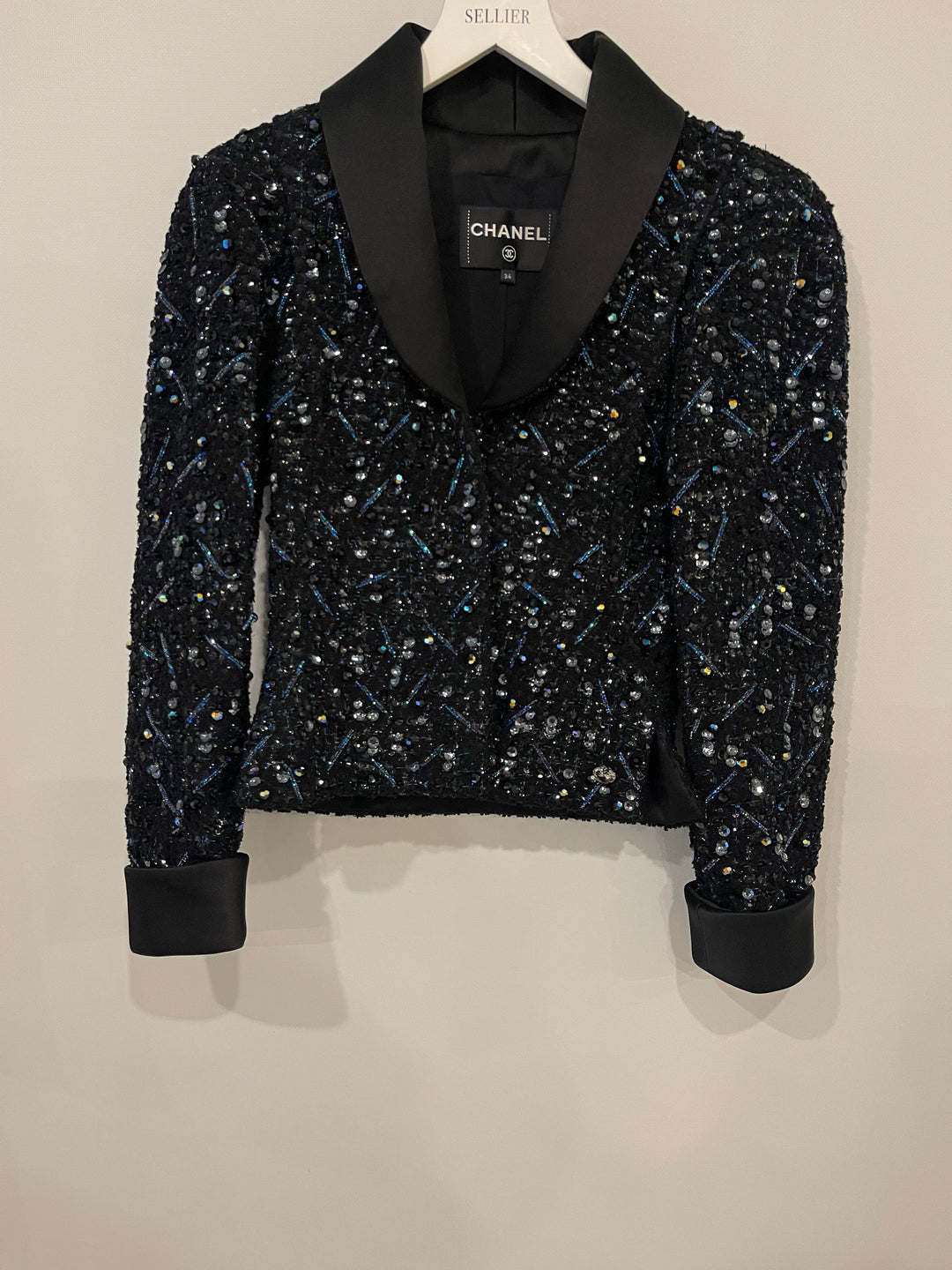 *HOT* Top Quality Chanel Black and Blue Sequin Embellished Jacket with Satin Collar Detail Size FR 34 (UK 6)