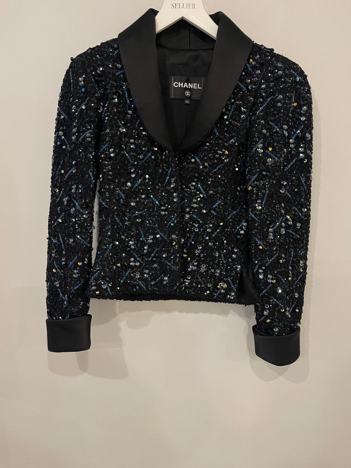 *HOT* Top Quality Chanel Black and Blue Sequin Embellished Jacket with Satin Collar Detail Size FR 34 (UK 6)