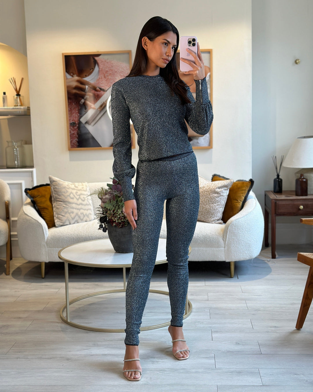 Top Quality Chanel Silver Metallic Long-Sleeve Top and Leggings Set Size FR 34/36 (UK 6/8)