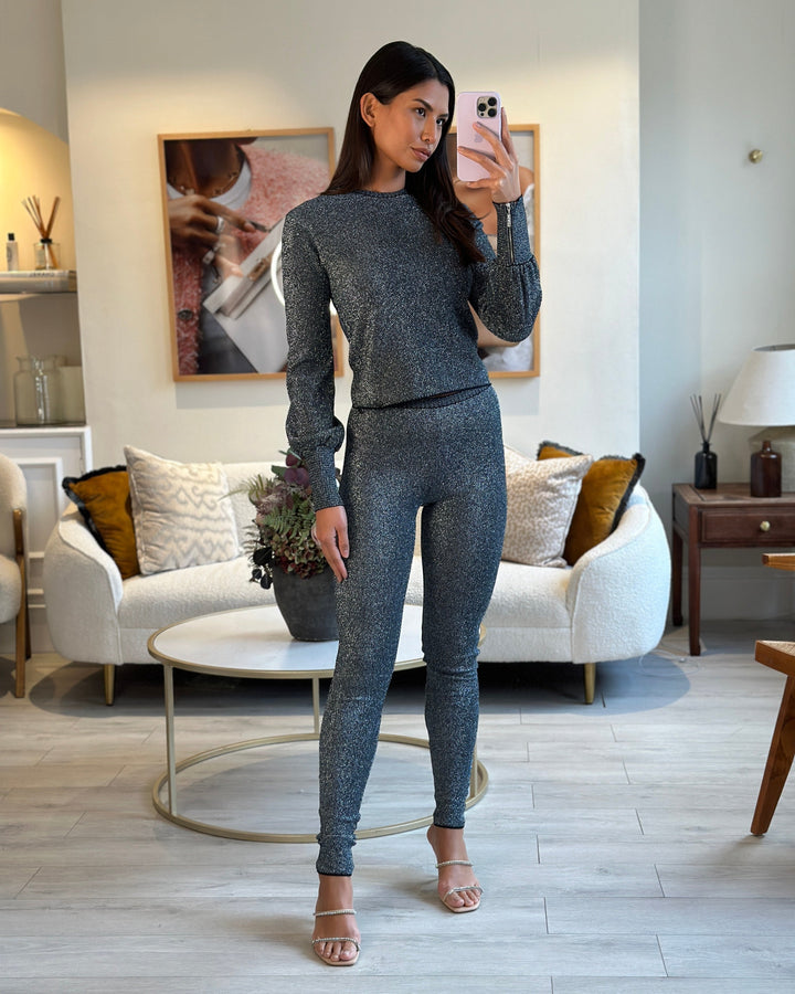 Top Quality Chanel Silver Metallic Long-Sleeve Top and Leggings Set Size FR 34/36 (UK 6/8)