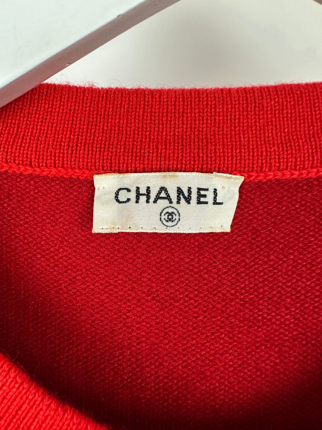 *HOT* Top Quality Chanel Red Long Sleeve Knit Mini Dress with Multi Icon Logo Button Details FR 38 (UK 10)