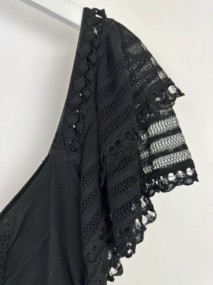 Top Quality Chanel 07C Black Short Sleeve Midi Dress With Crochet and Ruching Detail FR 36 (UK 8)