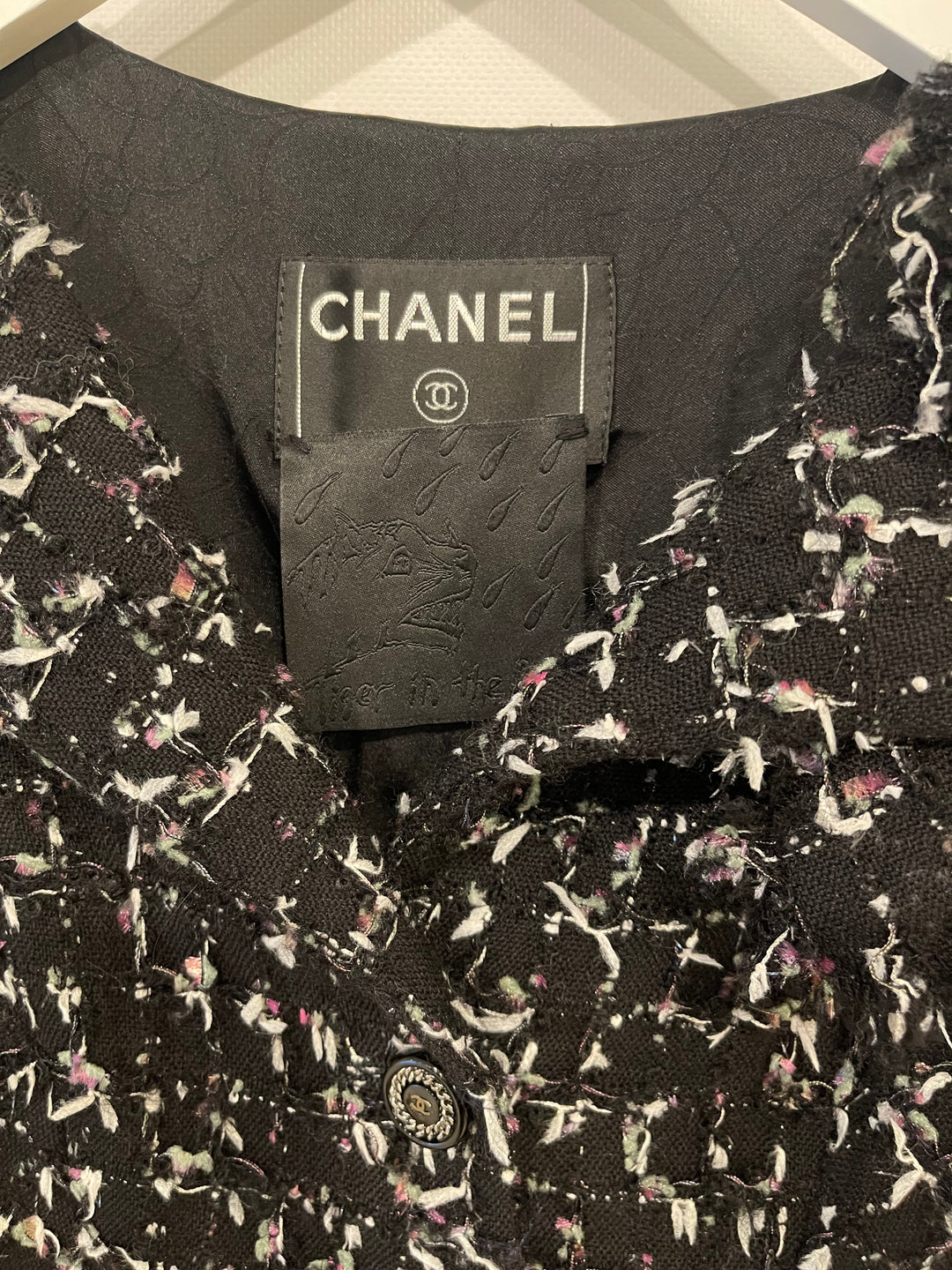 Top Quality Chanel Black Wool Multicolour Threads Ruffle Asymmetric Jacket with CC Logo Button Details Size FR 36 (UK 8)