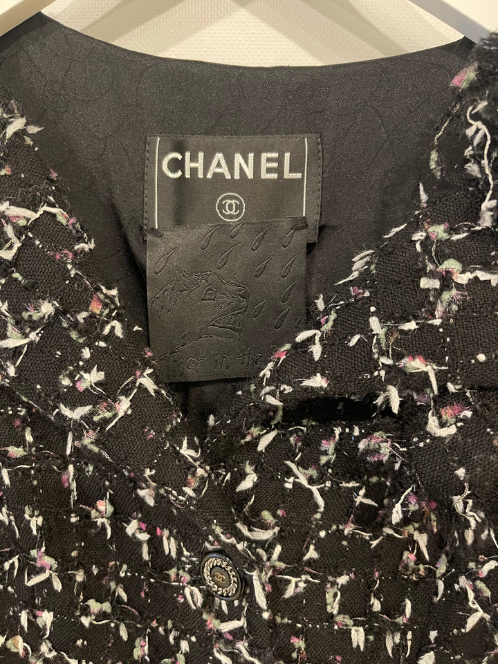 Top Quality Chanel Black Wool Multicolour Threads Ruffle Asymmetric Jacket with CC Logo Button Details Size FR 36 (UK 8)