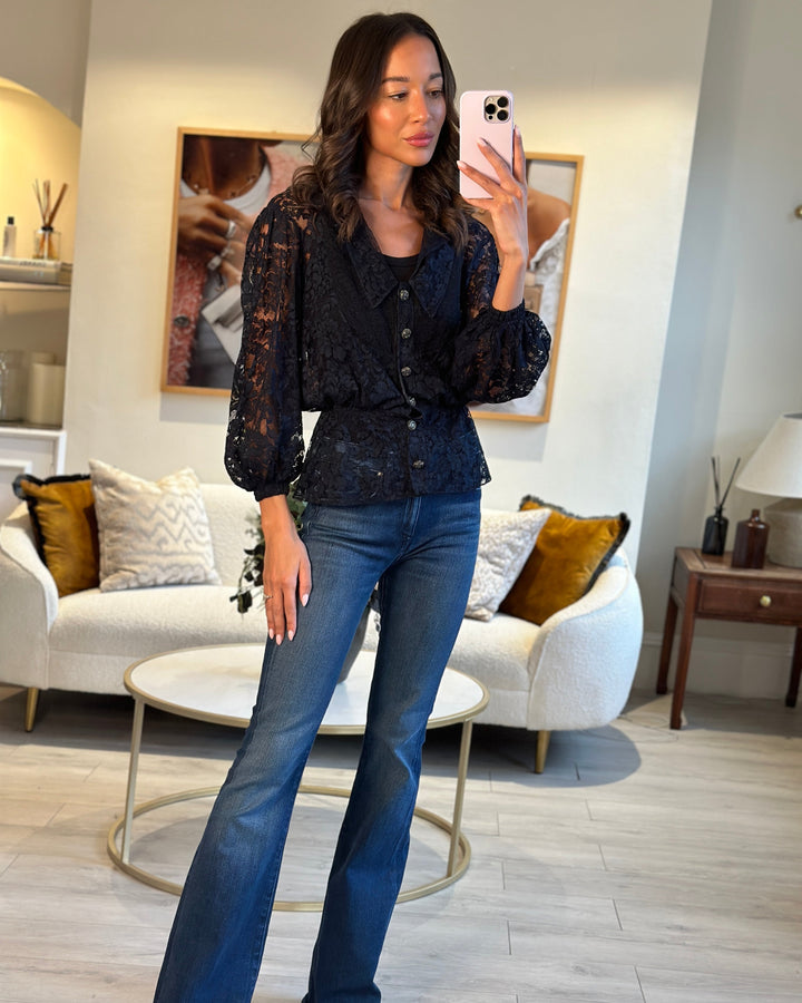Top Quality Chanel Navy Lace Long Sleeve Shirt with Ruthenium Buttons Detail Size FR 36 (UK 8)