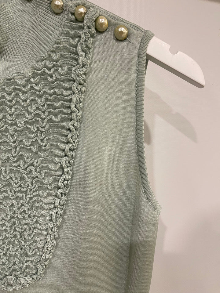Top Quality Chanel Pastel Green Textured Sleeveless Midi Dress with CC Pearl Button Details Size FR 36 (UK 8)