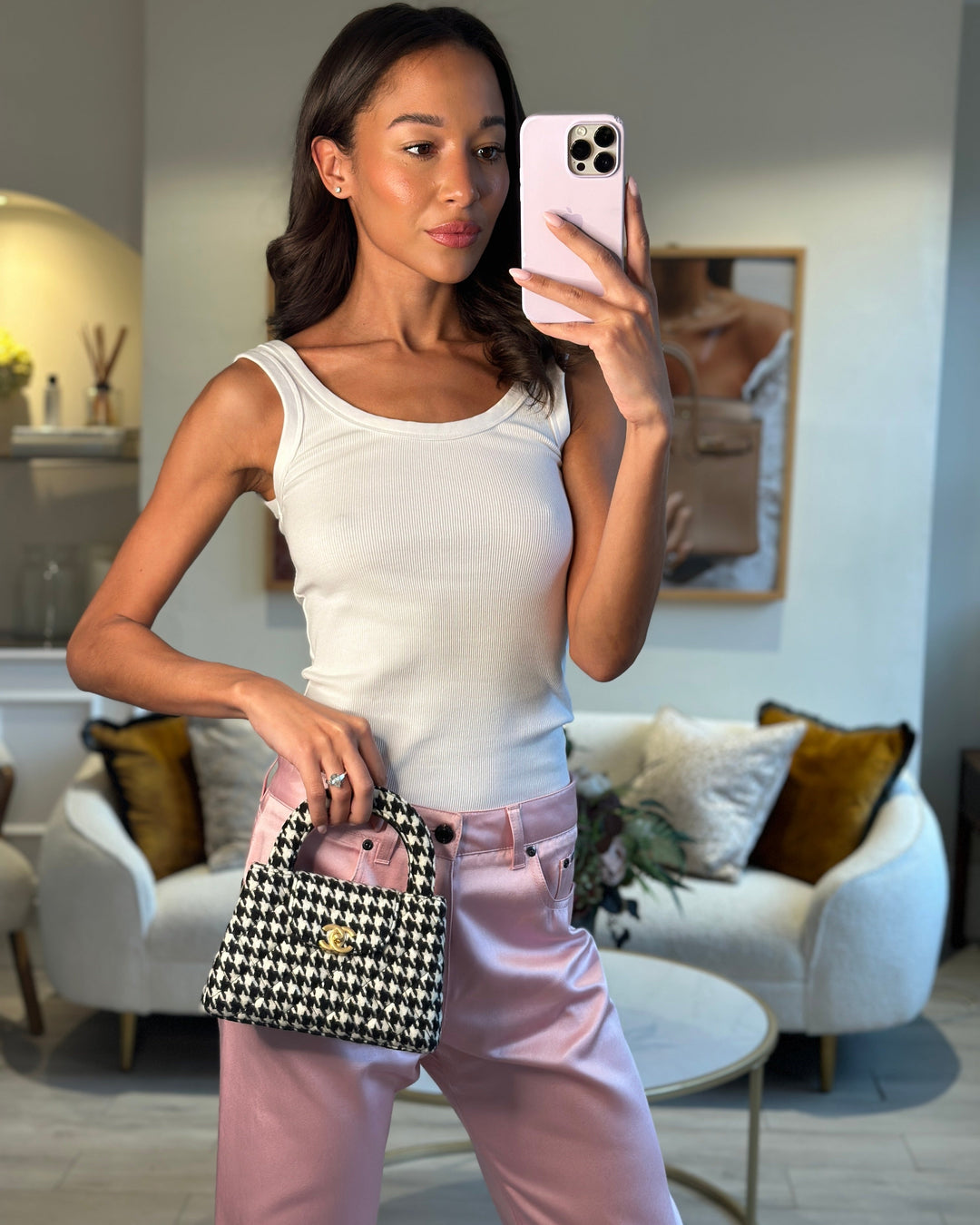 *HOT* Top Quality Chanel Small Kelly Shopping Bag in Black & White Wool Houndstooth with Brushed Antique Gold Hardware
