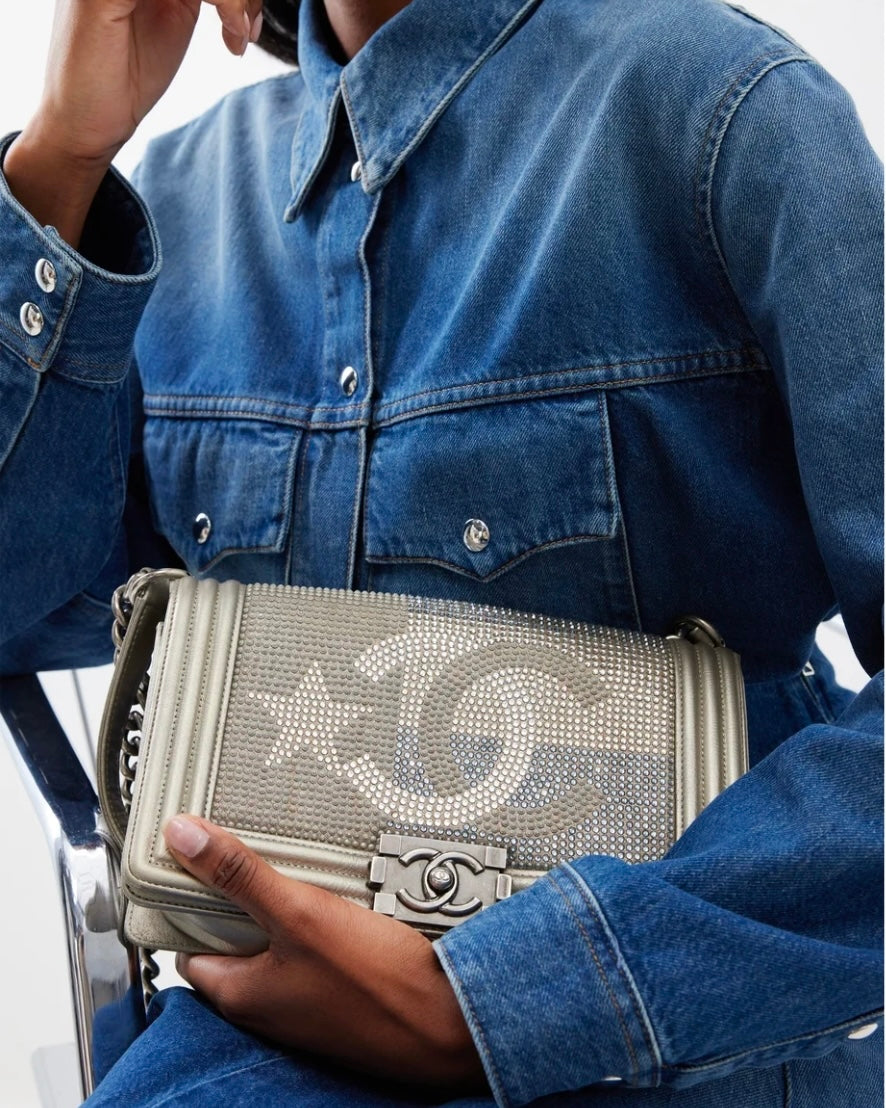 *HOT* Top Quality Chanel Medium Boy Bag in Gold Metallic Sequin CC Star Print with Silver Hardware