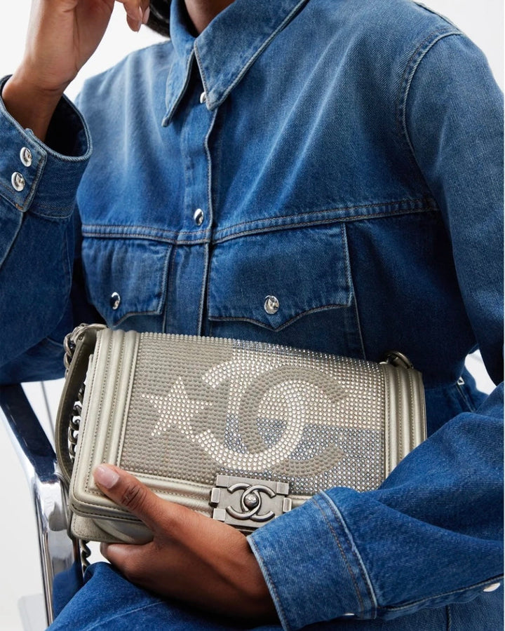 *HOT* Top Quality Chanel Medium Boy Bag in Gold Metallic Sequin CC Star Print with Silver Hardware