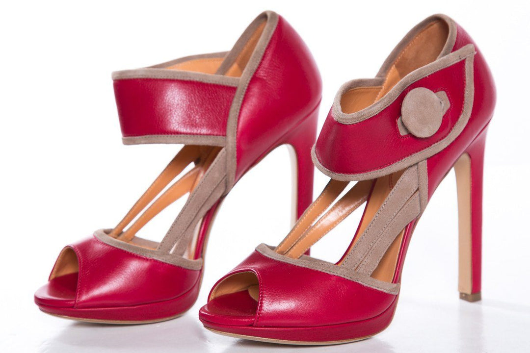 Edmundo Castillo  Red & Tan Leather Peep Toe Heels SZ 37