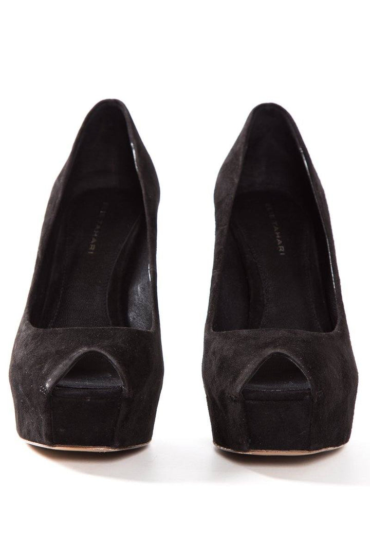 Elie Tahari Black Suede Peep Toe Platform Pumps SZ 38.5