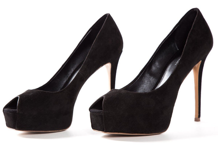 Elie Tahari Black Suede Peep Toe Platform Pumps SZ 38.5