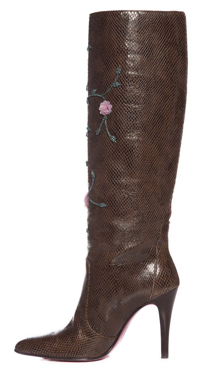 Emanuel Ungaro Brown Lizard Skin Floral Embellished Boots SZ 9