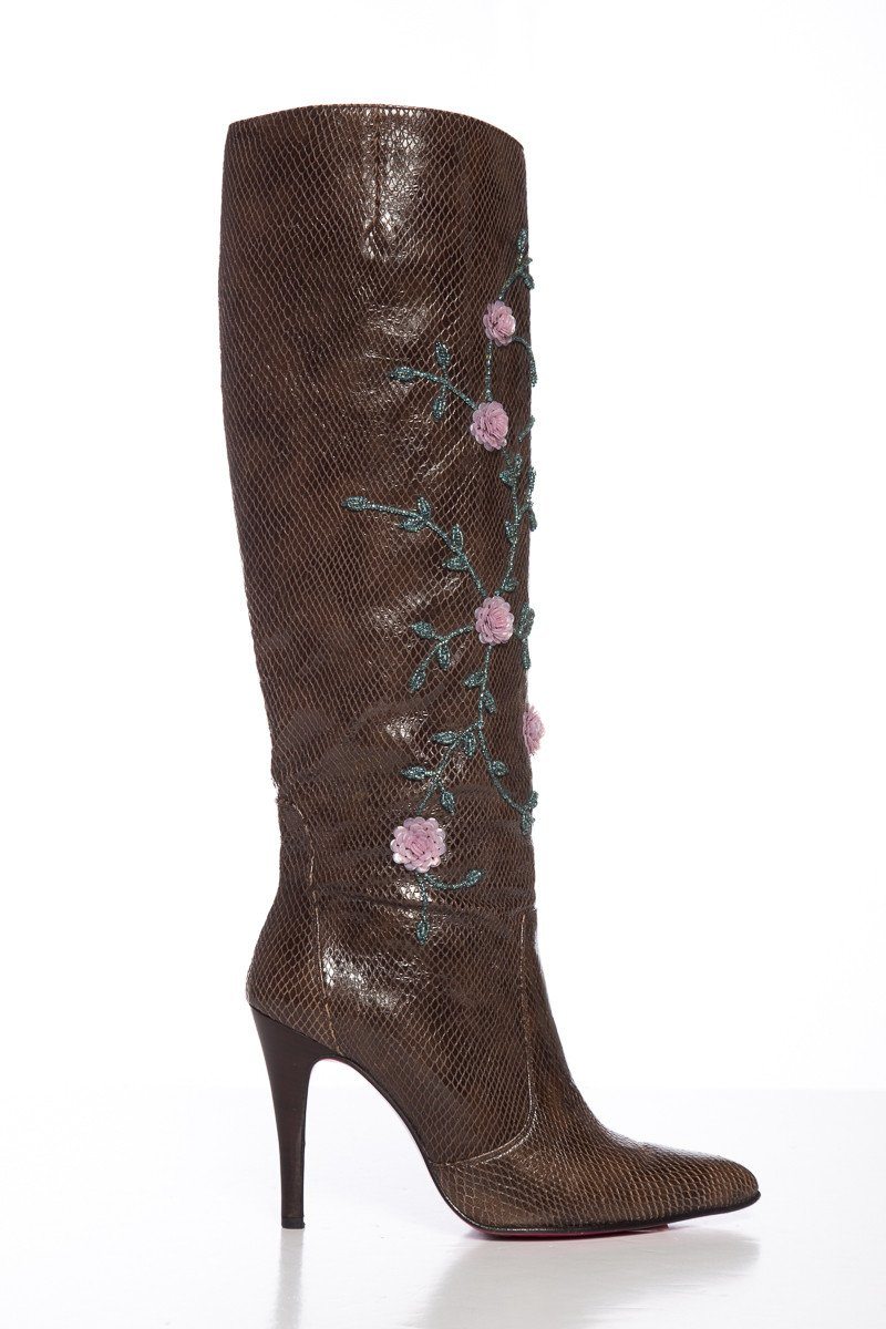 Emanuel Ungaro Brown Lizard Skin Floral Embellished Boots SZ 9