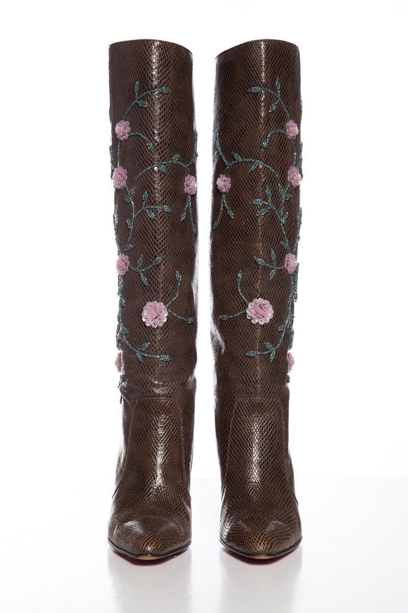 Emanuel Ungaro Brown Lizard Skin Floral Embellished Boots SZ 9