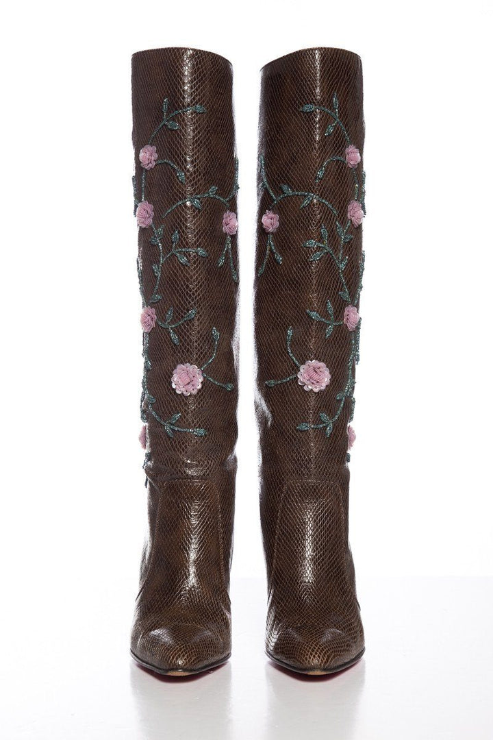 Emanuel Ungaro Brown Lizard Skin Floral Embellished Boots SZ 9