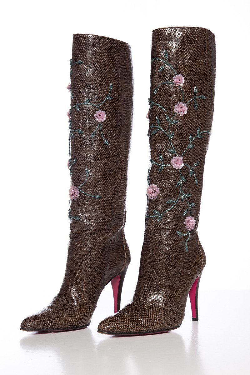 Emanuel Ungaro Brown Lizard Skin Floral Embellished Boots SZ 9