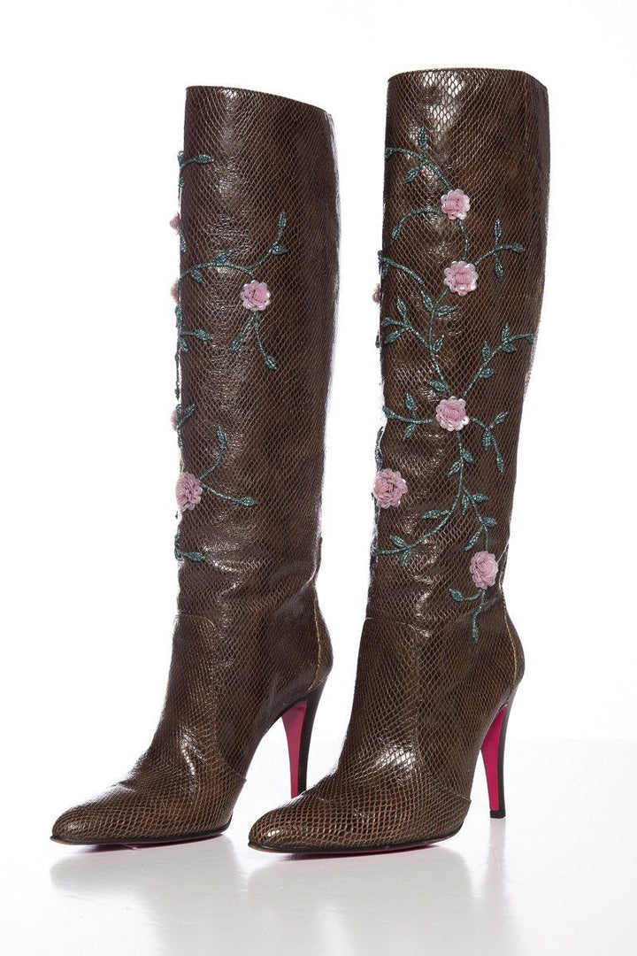 Emanuel Ungaro Brown Lizard Skin Floral Embellished Boots SZ 9