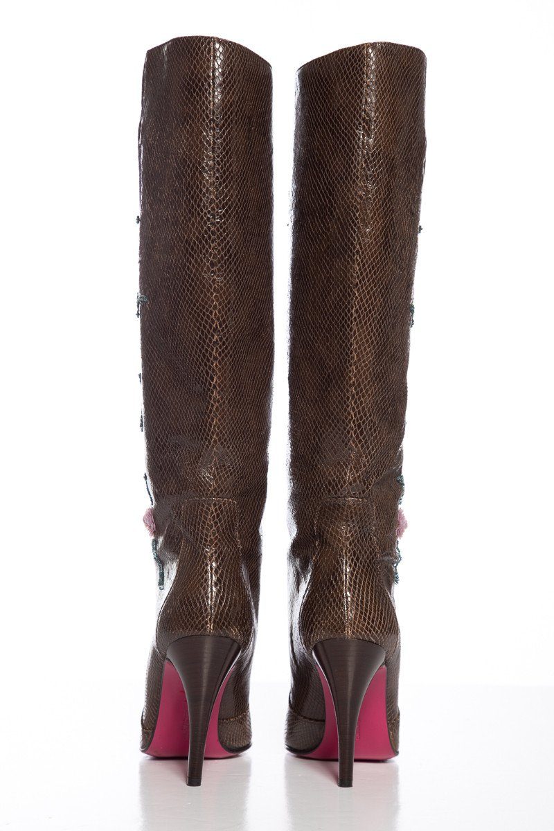 Emanuel Ungaro Brown Lizard Skin Floral Embellished Boots SZ 9