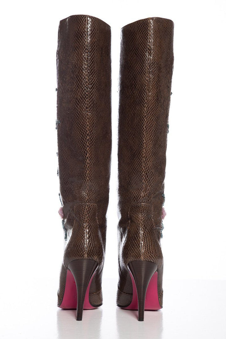 Emanuel Ungaro Brown Lizard Skin Floral Embellished Boots SZ 9