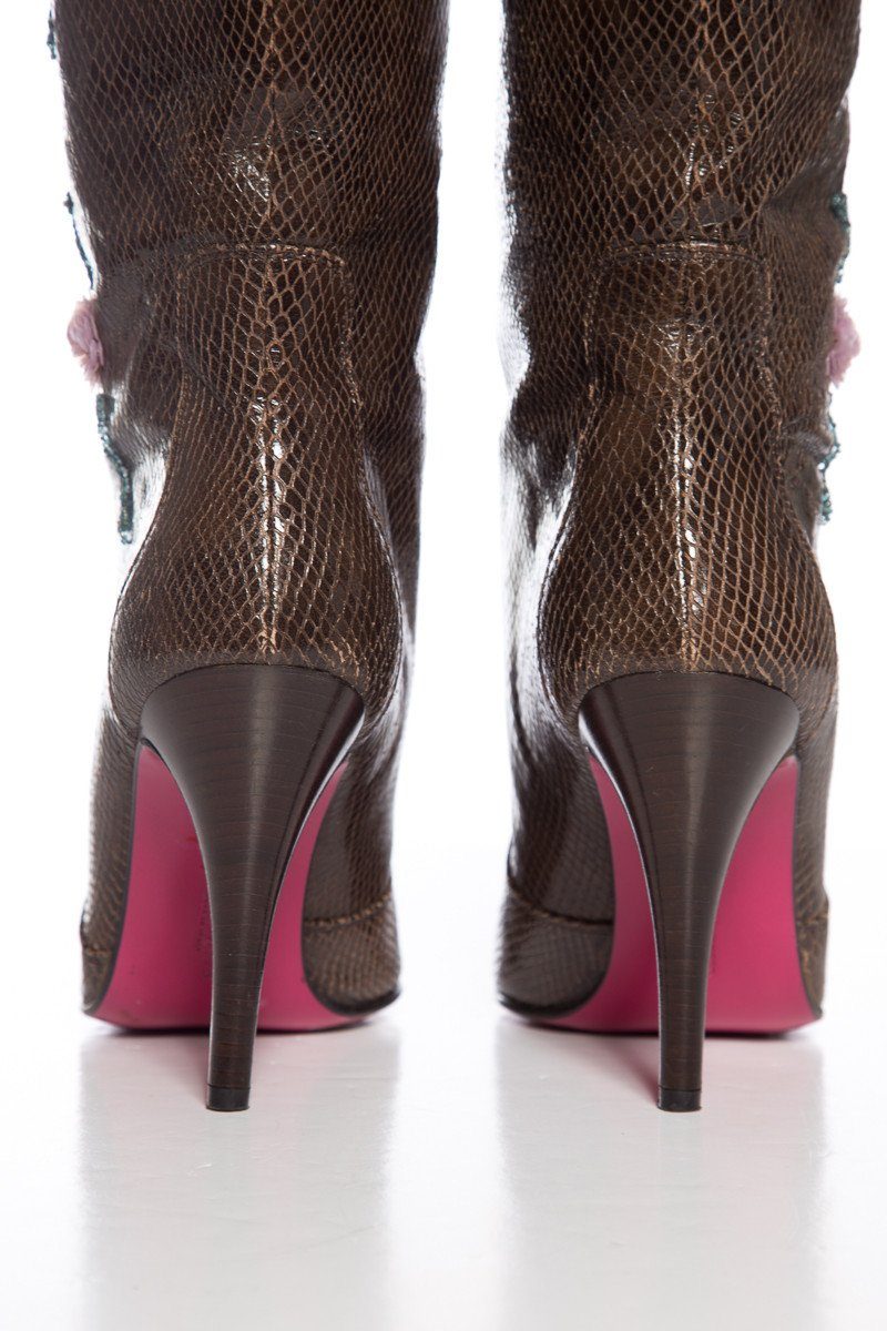 Emanuel Ungaro Brown Lizard Skin Floral Embellished Boots SZ 9