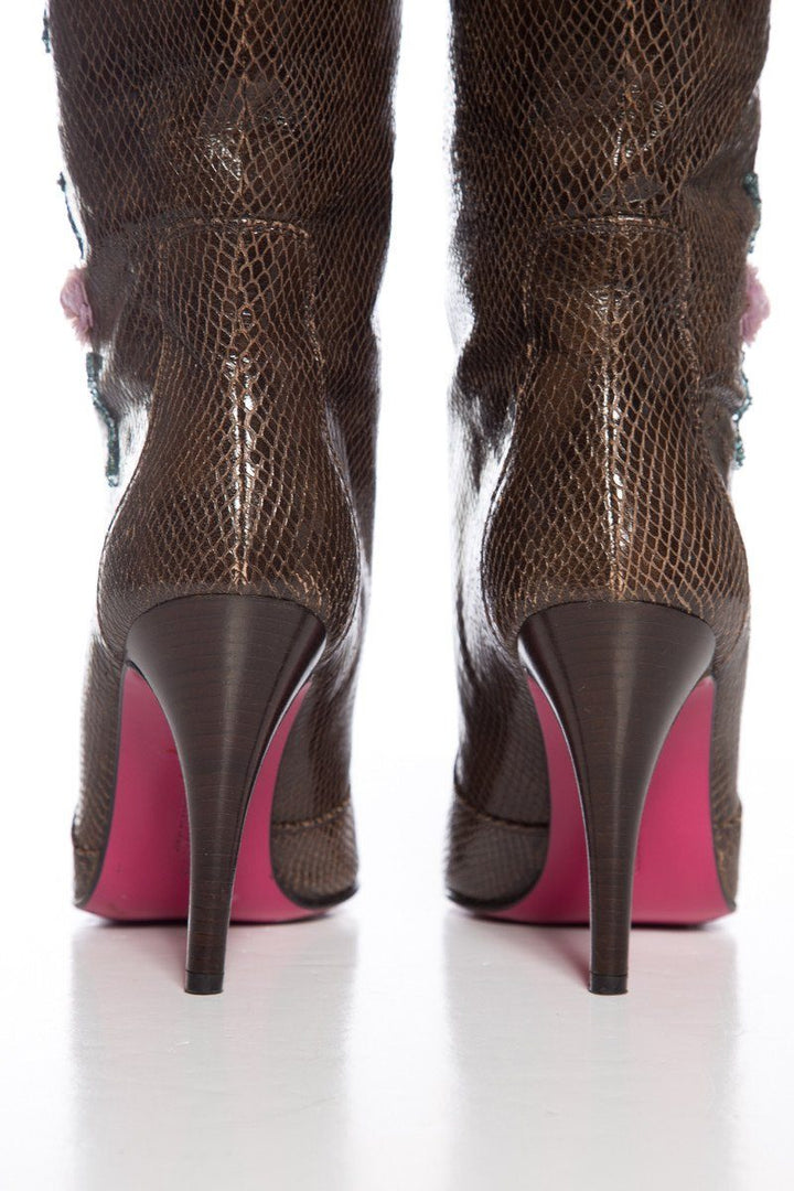 Emanuel Ungaro Brown Lizard Skin Floral Embellished Boots SZ 9
