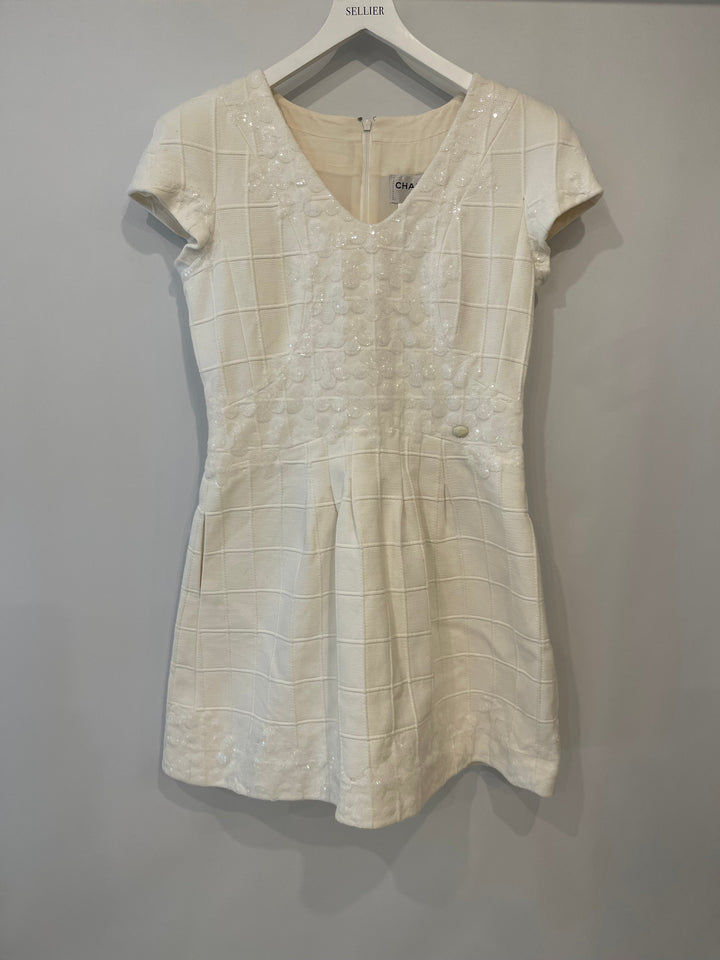 Top Quality Chanel White Mini Dress With Floral Sequin Detail Size FR 42 (UK 14)