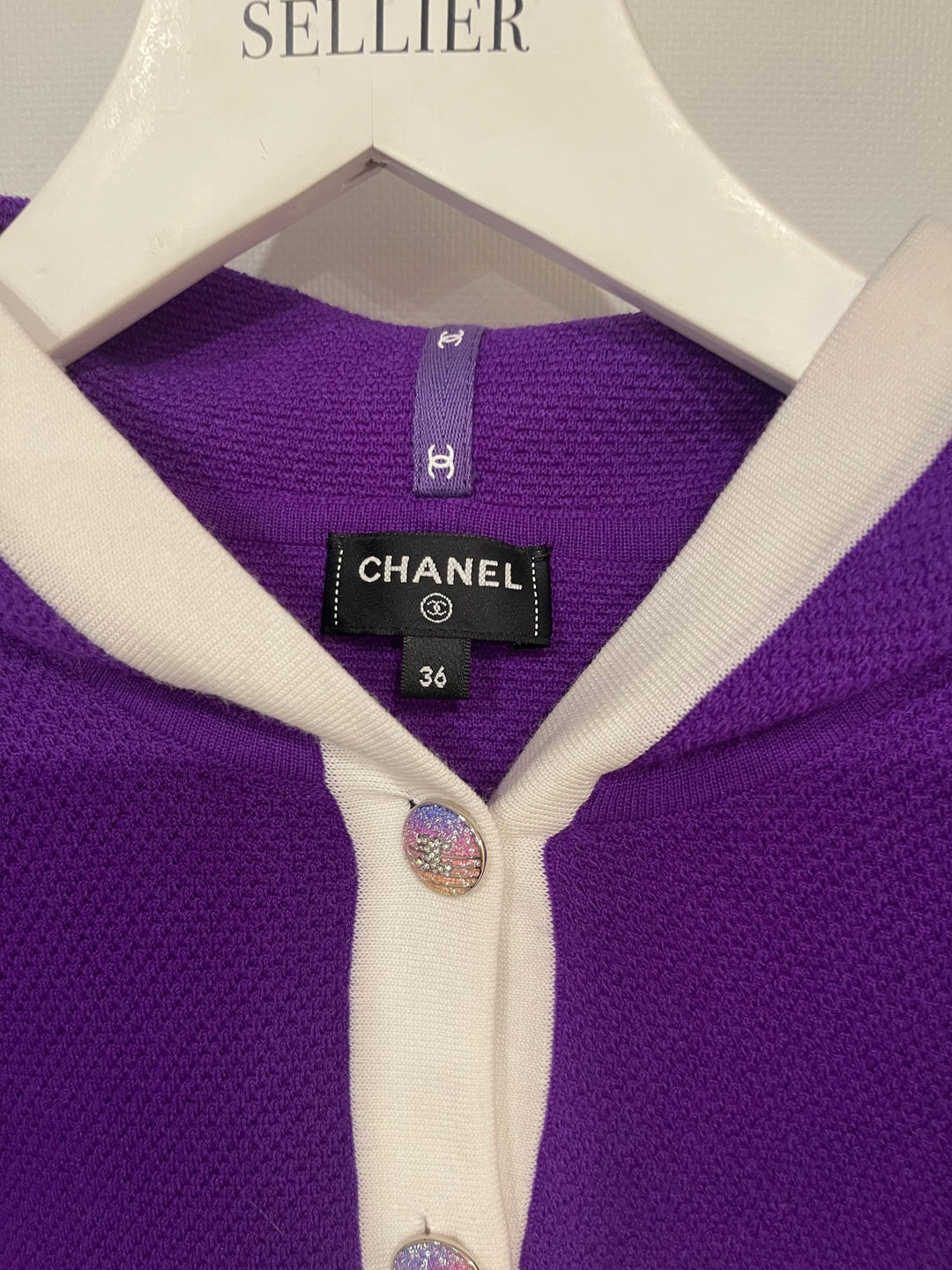 Top Quality Chanel Cruise 2024 Purple Cashmere Short Sleeve Hooded Mini Dress with Crystal Multicolour CC Buttons Detail Size FR 36 (UK 8)