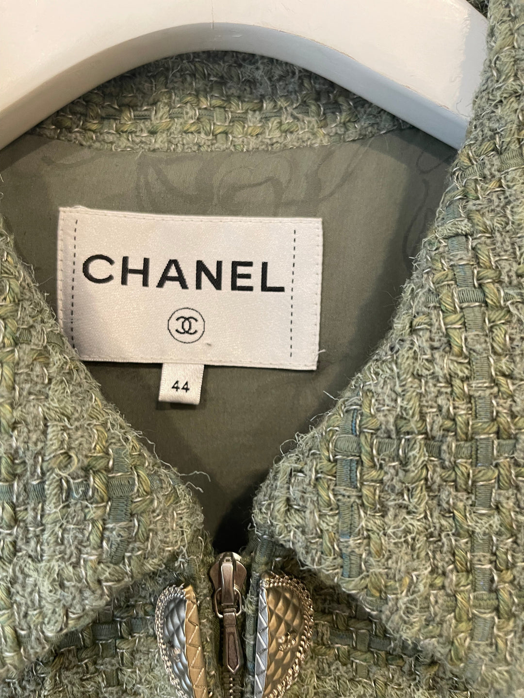 Top Quality Chanel Pistachio Green Tweed Jacket with CC Silver Split Button Detail Size FR 44 (UK 12)