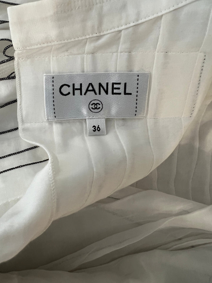 Top Quality Chanel Spring 2017 White Silk Striped Ruffle Long-Sleeve Top  Velcro Back Detail Size FR 36 (UK 8)